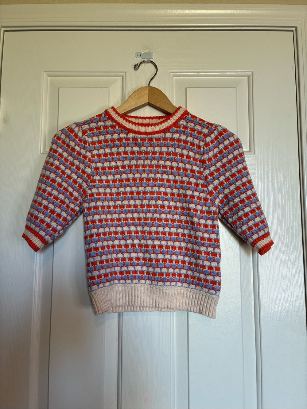 THML Short-Sleeve Knit Sweater in Orange, Blue, and Cream